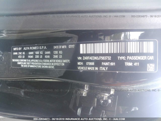 ZARFAEDN3J7563732 - 2018 ALFA ROMEO GIULIA Q4 BLACK photo 9