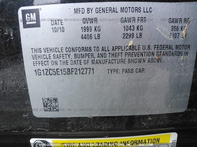 1G1ZC5E15BF212771 - 2011 CHEVROLET MALIBU 1LT 黑色 照片 9