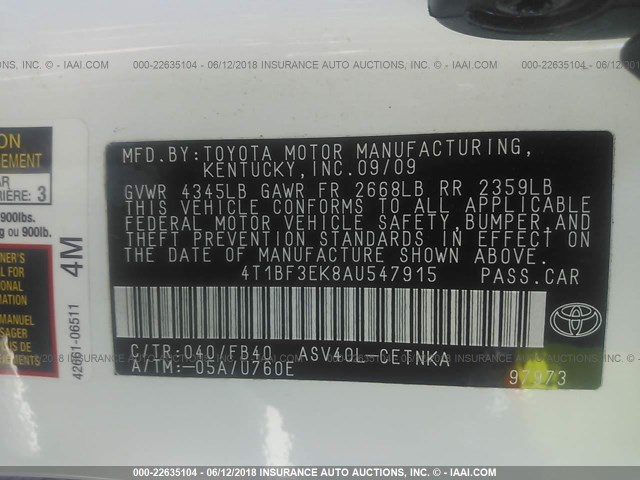 4T1BF3EK8AU547915 - 2010 TOYOTA CAMRY SE/LE/XLE 白色 照片 9