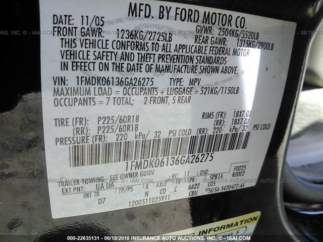 1FMDK06136GA26275 - 2006 FORD FREESTYLE LIMITED BLACK photo 9