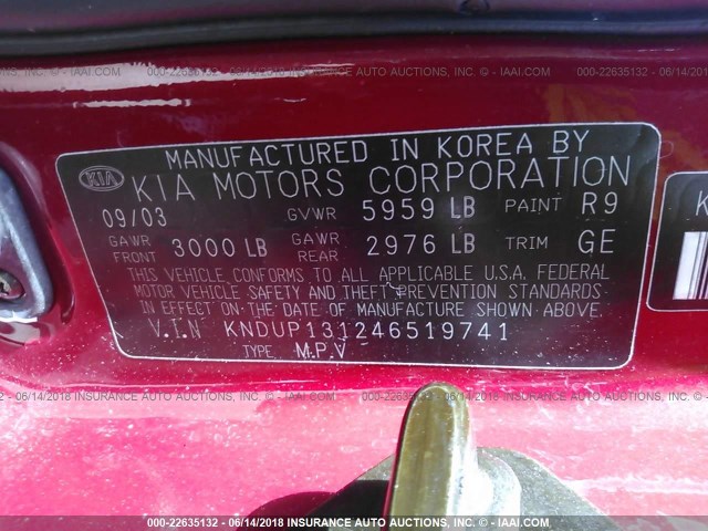 KNDUP131246519741 - 2004 KIA SEDONA EX/LX RED photo 9