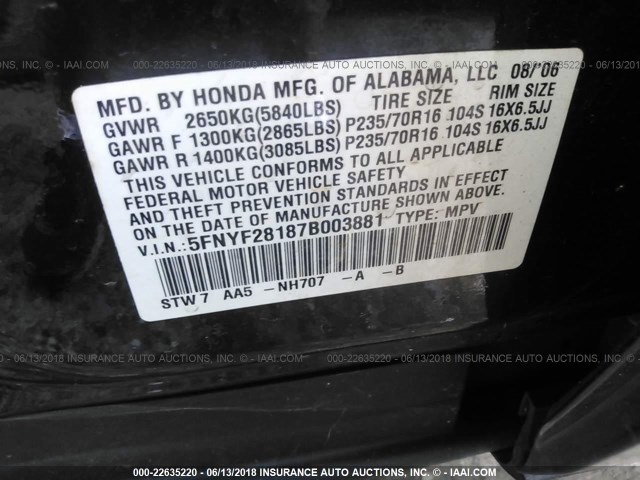 5FNYF28187B003881 - 2007 HONDA PILOT LX BLACK photo 9