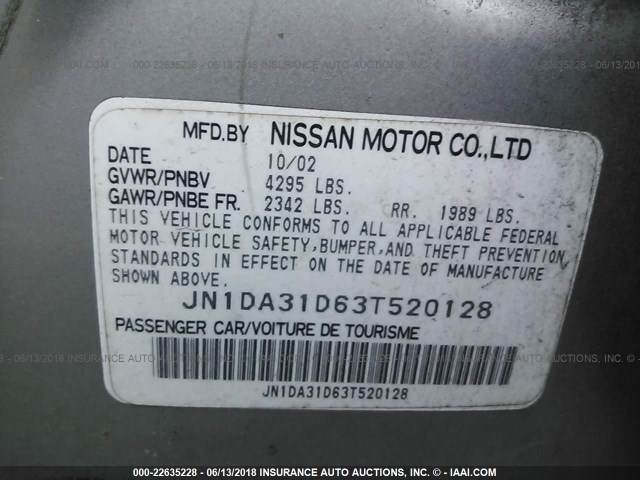 JN1DA31D63T520128 - 2003 NISSAN MAXIMA GLE/GXE/SE SILVER photo 9