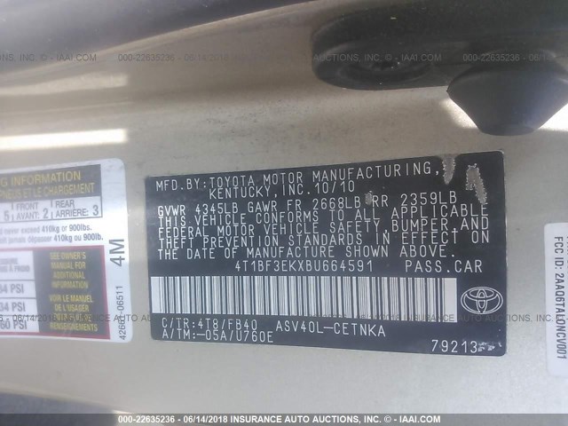 4T1BF3EKXBU664591 - 2011 TOYOTA CAMRY SE/LE/XLE GOLD photo 9