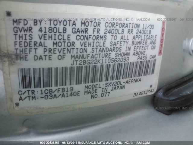 JT2BG22K110562093 - 2001 TOYOTA CAMRY CE/LE/XLE 银色 照片 9