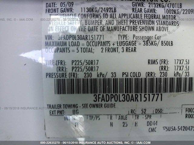 3FADP0L30AR151771 - 2010 FORD FUSION HYBRID WHITE photo 9