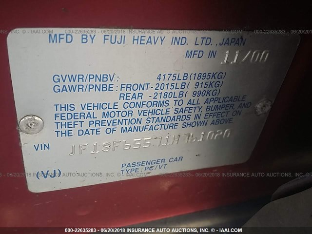 JF1SF65571H761020 - 2001 SUBARU FORESTER S 红色 照片 9