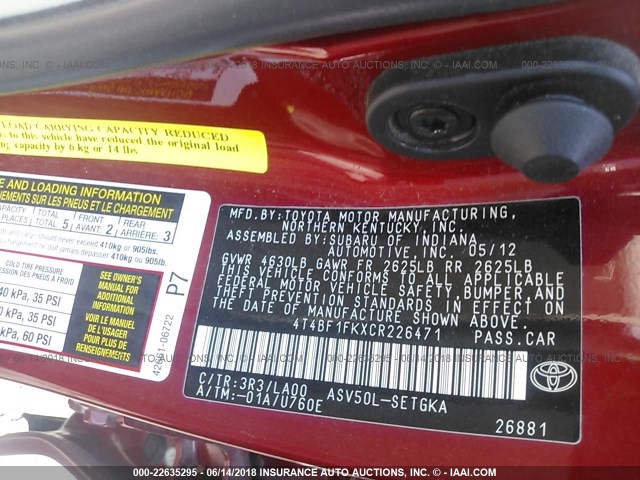 4T4BF1FKXCR226471 - 2012 TOYOTA CAMRY SE/LE/XLE 红色 照片 9