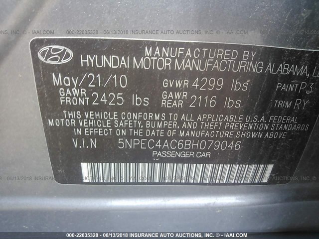 5NPEC4AC6BH079046 - 2011 HYUNDAI SONATA SE/LIMITED GRAY photo 9