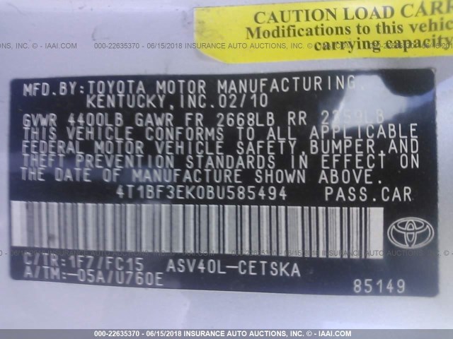 4T1BF3EK0BU585494 - 2011 TOYOTA CAMRY SE/LE/XLE 银色 照片 9