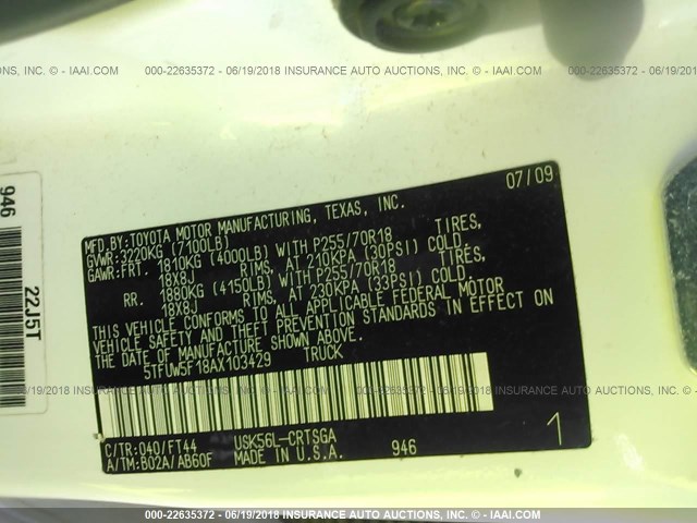 5TFUW5F18AX103429 - 2010 TOYOTA TUNDRA DOUBLE CAB SR5 WHITE photo 9