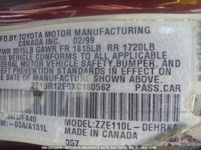 2T1BR12E0XC180562 - 1999 TOYOTA COROLLA VE/CE/LE 红色 照片 9