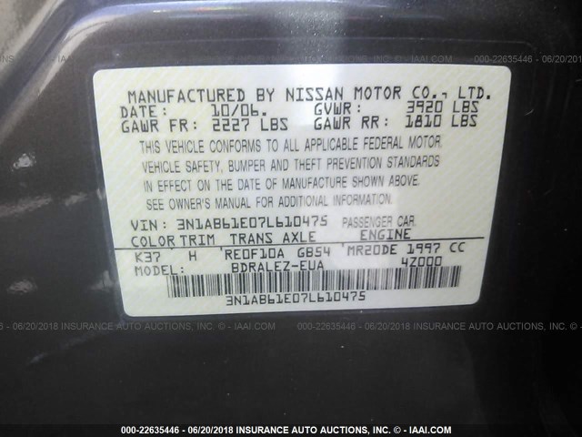 3N1AB61E07L610475 - 2007 NISSAN SENTRA 2.0/2.0S/2.0SL GRAY photo 9