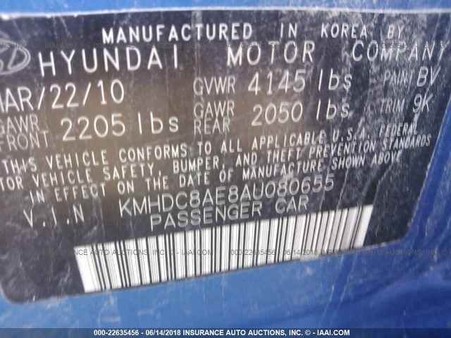 KMHDC8AE8AU080655 - 2010 HYUNDAI ELANTRA TOURING GLS/SE BLUE photo 9