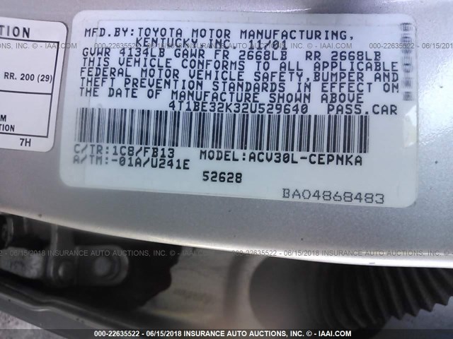 4T1BE32K32U529640 - 2002 TOYOTA CAMRY LE/XLE/SE Gümüş foto 9