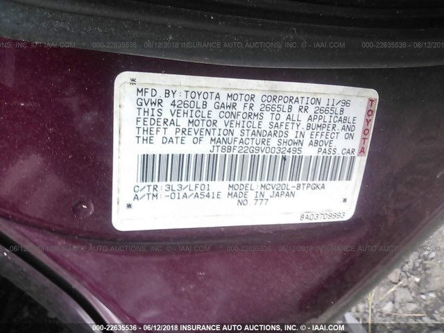 JT8BF22G9V0032495 - 1997 LEXUS ES 300 BURGUNDY photo 9