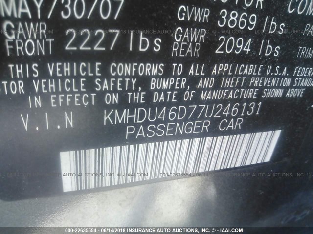 KMHDU46D77U246131 - 2007 HYUNDAI ELANTRA GLS/SE/LIMITED GRAY photo 9