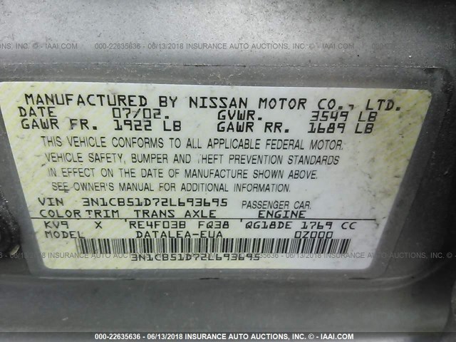 3N1CB51D72L693695 - 2002 NISSAN SENTRA XE/GXE GRAY photo 9