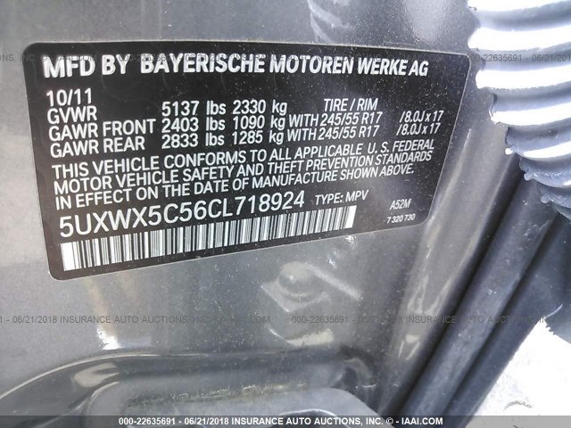 5UXWX5C56CL718924 - 2012 BMW X3 XDRIVE28I GRAY photo 9