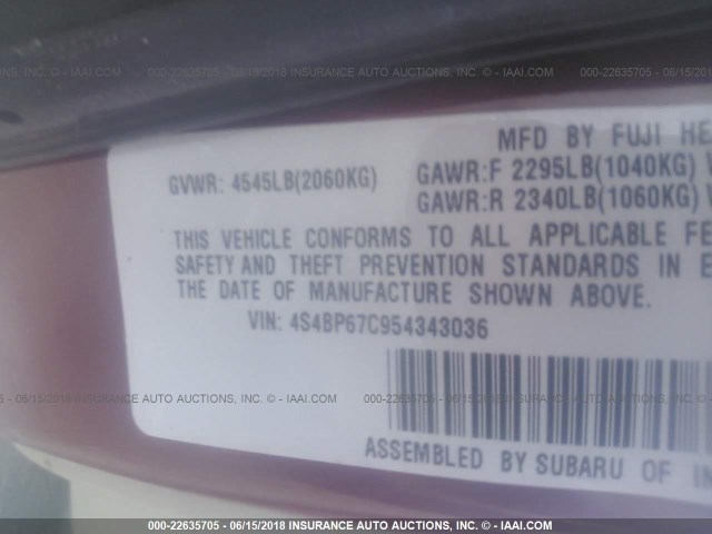 4S4BP67C954343036 - 2005 SUBARU LEGACY OUTBACK 2.5 XT LIMITED BURGUNDY photo 9