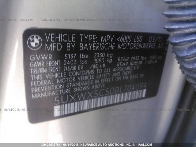 5UXWX5C50BL704094 - 2011 BMW X3 XDRIVE28I SILVER photo 9