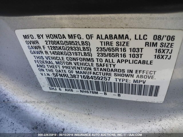 5FNRL38716B459257 - 2006 HONDA ODYSSEY EXL SILVER photo 9