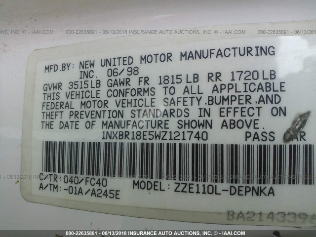 1NXBR18E5WZ121740 - 1998 TOYOTA COROLLA VE/CE/LE 白色 照片 9