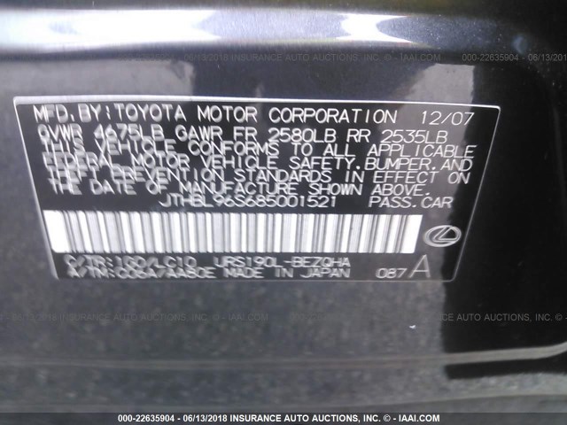 JTHBL96S685001521 - 2008 LEXUS GS 460 GRAY photo 9