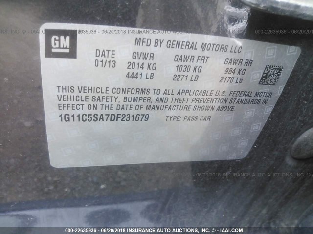 1G11C5SA7DF231679 - 2013 CHEVROLET MALIBU 1LT 灰色 照片 9