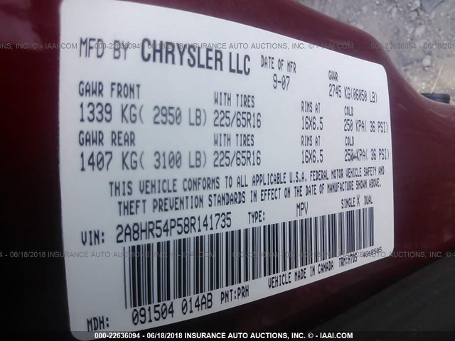 2A8HR54P58R141735 - 2008 CHRYSLER TOWN & COUNTRY TOURING BURGUNDY photo 9