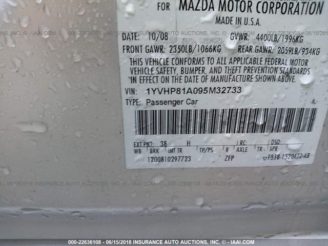 1YVHP81A095M32733 - 2009 MAZDA 6 I SILVER photo 9