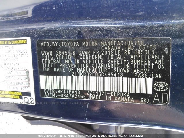 2T1KR32E05C495418 - 2005 TOYOTA COROLLA MATRIX XR BLUE photo 9