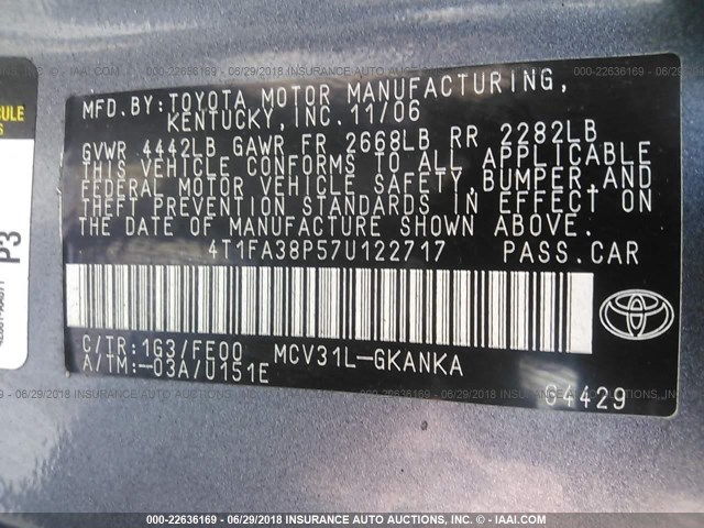 4T1FA38P57U122717 - 2007 TOYOTA CAMRY SOLARA SE/SLE GRAY photo 9