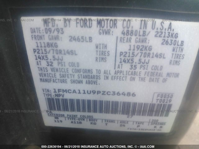 1FMCA11U9PZC36486 - 1993 FORD AEROSTAR GREEN photo 9