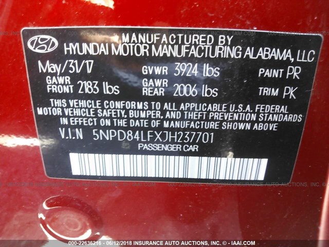 5NPD84LFXJH237701 - 2018 HYUNDAI ELANTRA SEL/VALUE/LIMITED RED photo 9