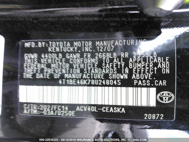 4T1BE46K78U248045 - 2008 TOYOTA CAMRY CE/LE/XLE/SE BLACK photo 9