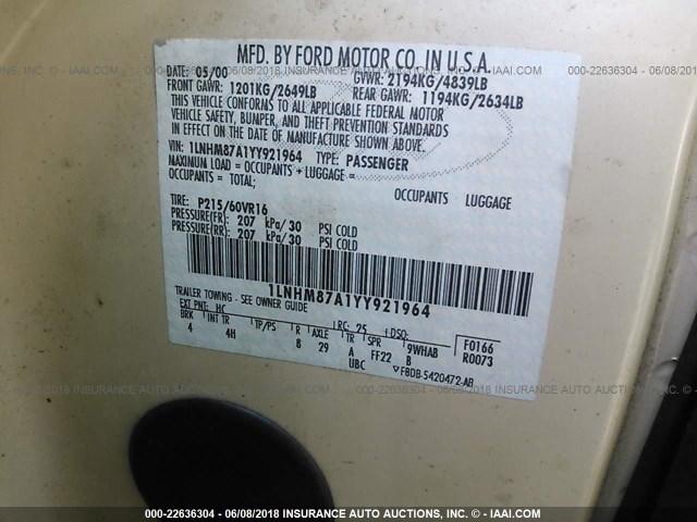 1LNHM87A1YY921964 - 2000 LINCOLN LS CREAM photo 9