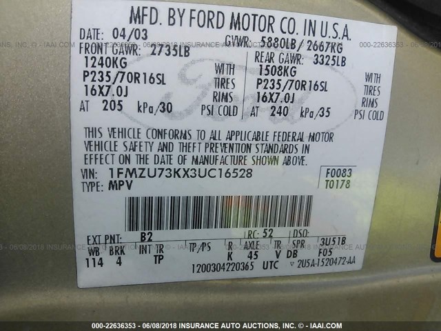 1FMZU73KX3UC16528 - 2003 FORD EXPLORER XLT/XLT SPORT/NBX GOLD photo 9