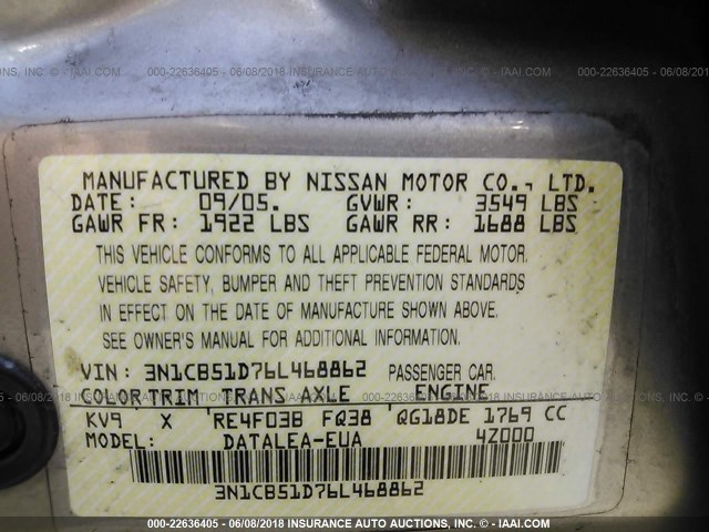 3N1CB51D76L468862 - 2006 NISSAN SENTRA 1.8/1.8S SILVER photo 9