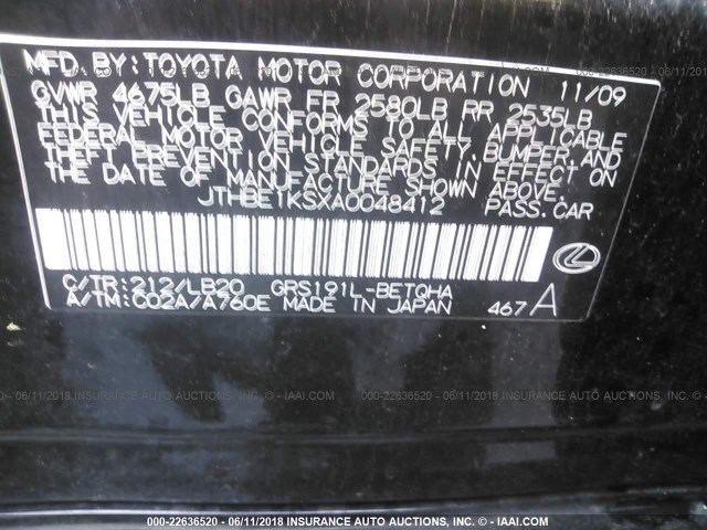 JTHBE1KSXA0048412 - 2010 LEXUS GS 350 BLACK photo 9