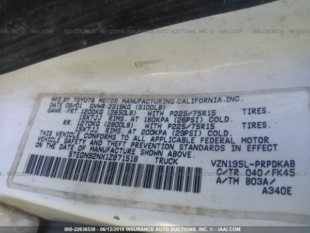 5TEGN92NX1Z871518 - 2001 TOYOTA TACOMA DOUBLE CAB PRERUNNER WHITE photo 9