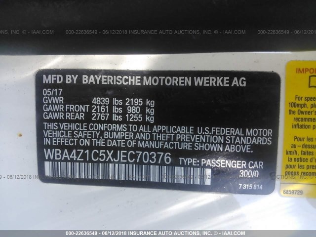 WBA4Z1C5XJEC70376 - 2018 BMW 430I WHITE photo 9