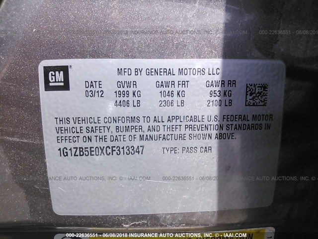 1G1ZB5E0XCF313347 - 2012 CHEVROLET MALIBU LS 灰色 照片 9