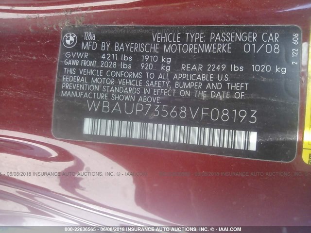 WBAUP73568VF08193 - 2008 BMW 128 I MAROON photo 9