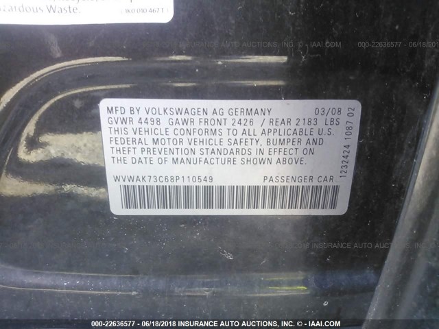 WVWAK73C68P110549 - 2008 VOLKSWAGEN PASSAT KOMFORT GRAY photo 9