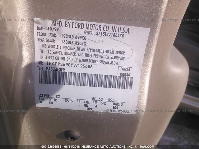 1FAFP36P0YW125686 - 2000 FORD FOCUS SE/SE COMFORT GOLD photo 9