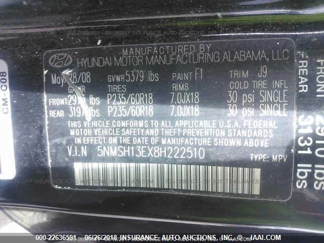 5NMSH13EX8H222510 - 2008 HYUNDAI SANTA FE SE/LIMITED Unknown photo 9