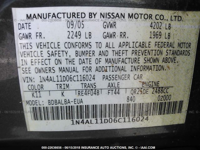 1N4AL11D06C116024 - 2006 NISSAN ALTIMA S/SL GRAY photo 9