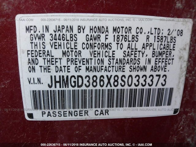 JHMGD386X8S033373 - 2008 HONDA FIT SPORT RED photo 9