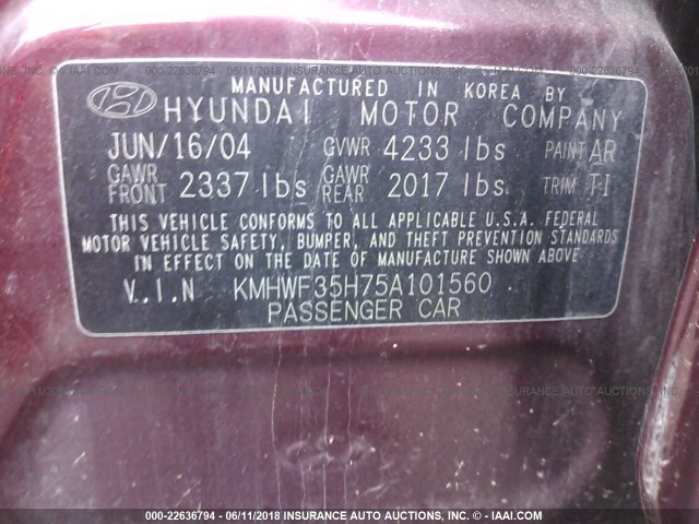 KMHWF35H75A101560 - 2005 HYUNDAI SONATA GLS/LX MAROON photo 9